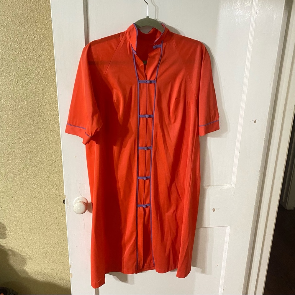 Vintage Red Cheongsam Style Nightdress with Blue Trim